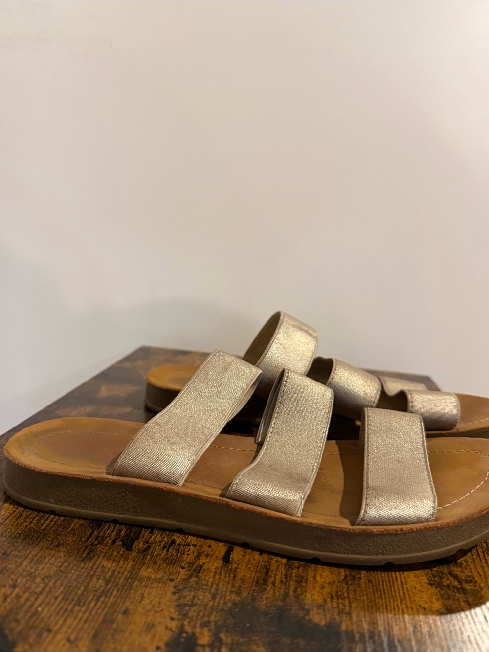 Metallic Triple-Strap Slide Sandals - Gold